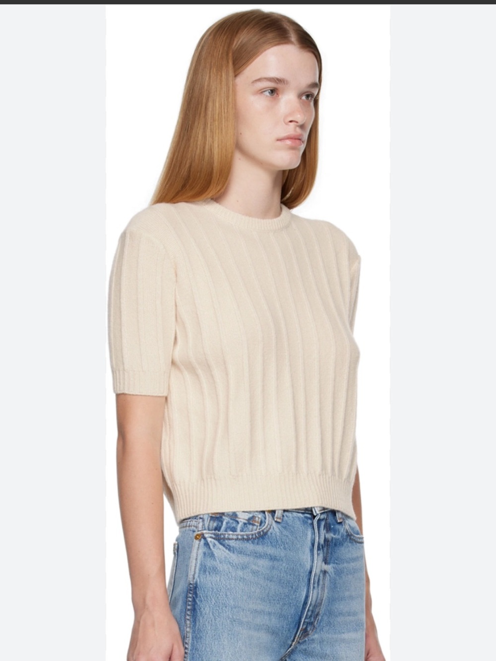 KHAITE Cream Ribbed Short-Sleeve Sweater Top